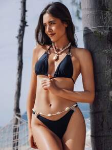 Triangle Cup Backless Spaghetti Strap Women Swimwear Set Summer - Black - View 4