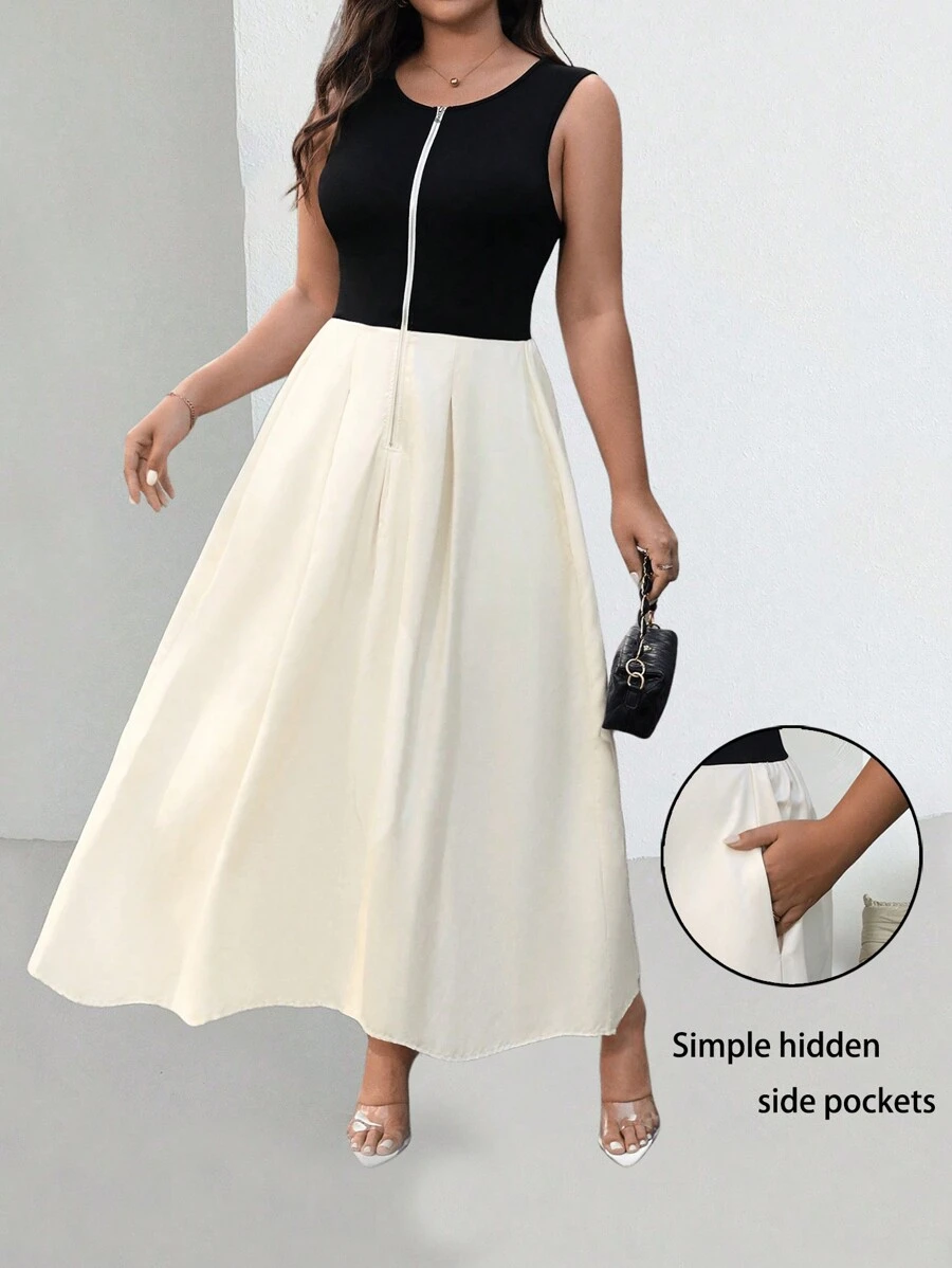 SHEIN Unity Vestido largo de talla grande con cierre de cremallera, sin mangas y en colores contrastantes negro y blanco - Multicolor - Ver 1