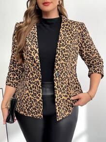 SHEIN Essnce Plus Size Women's Fall Women Dresses Formal Women Dresses Business Casual Women Elegant Women Dresses Business Casual Fashion Casual Commuting Elegant Leopard Print Long Sleeve Fitted Blazer