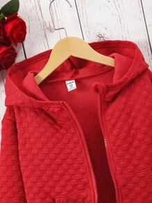 SHEIN 1 件女童纯色前拉链长袖连帽衫，带口袋，简约设计 - 紅色 - 查看 3