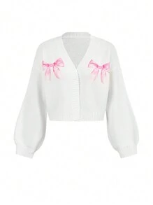 Marina Oliveira Artist Y2K Style Women Pink Bow Pattern Cardigan, Suitable For Holiday, Vacation, Spring, Festival, Ibiza Fits - White - View 1