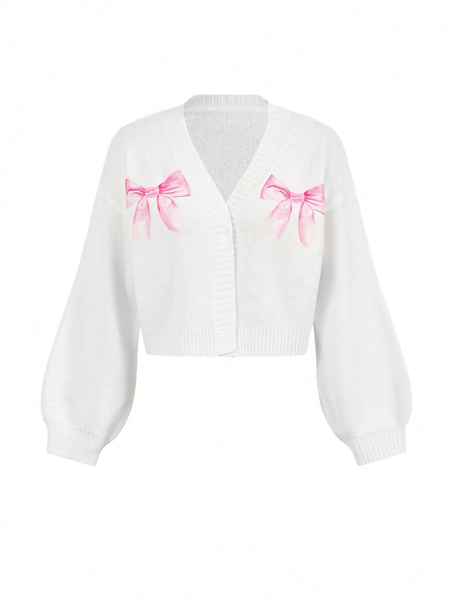 Marina Oliveira Artist Y2K Style Women Pink Bow Pattern Cardigan, Suitable For Holiday, Vacation, Spring, Festival, Ibiza Fits - White - View 1