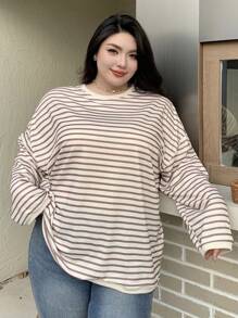 Dazy Plus 加大码条纹图案宽松圆领长袖运动衫，秋季服装 - 米色 - 查看 7