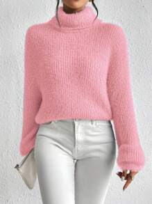 Chiquease 女士休闲纯色宽松高领落肩毛衣，冬季 - 藕粉色 - 查看 6