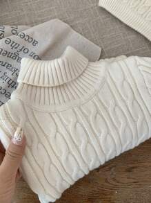 SHEIN 女宝宝秋冬针织高领长袖毛衣裙配帽子套装，可爱纹理白色