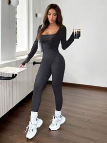 SHEIN EZwear 1pc Autumn Grey Turtleneck Knitted Tight Casual Sports Jumpsuit'