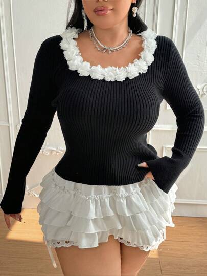 Flirla Suéter de cuello redondo con mangas acampanadas, estampado floral francés, talla grande, estilo modesto y dulce, de punto para otoño/invierno