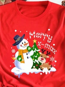 Flirla Plus Size Casual Christmas Print Round Neck Short Sleeve T-Shirt For New Year Clothes Graphic Tees Women Tops - Red - View 3