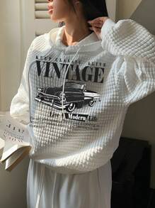 SHEIN EZwear Sudadera con capucha holgada de manga larga con estampado vintage de coche minimalista casual para mujer, otoño/invierno