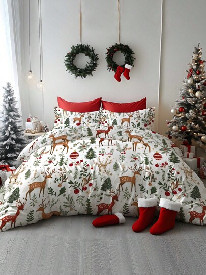 2/3pcs Christmas Bedding Set, Santa Claus, Sled, Snowman, Bells, Reindeer, Christmas Tree Digital Printed Soft Comforter Cover Set, Suitable For Bedroom, Guest Room, Game Room, Hotel, Dormitory, Home Decor