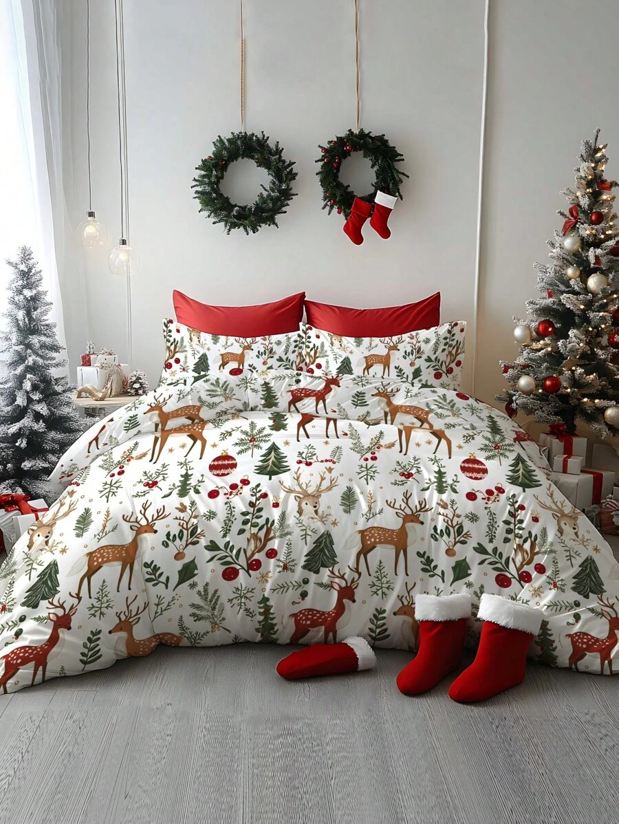 2/3pcs Christmas Bedding Set, Santa Claus, Sled, Snowman, Bells, Reindeer, Christmas Tree Digital Printed Soft Comforter Cover Set, Suitable For Bedroom, Guest Room, Game Room, Hotel, Dormitory, Home Decor