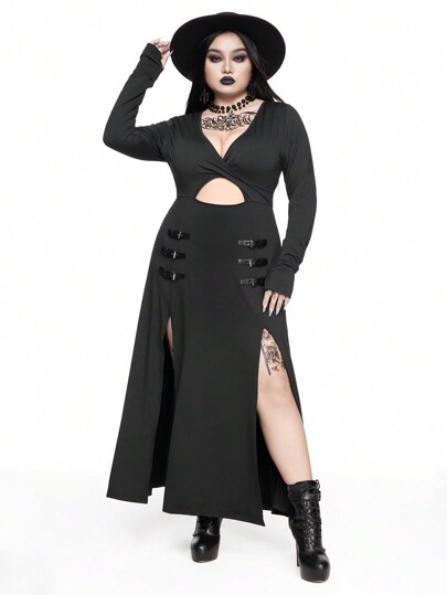 Goth Plus Size Women Deep V-Neck High Slit PU Leather Buckle Sexy Dress
