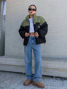 DAZY 女款休閒拼接加厚外套，冬季女裝，冬季女款夾克外套校園風 - 軍綠色 - 查看 2