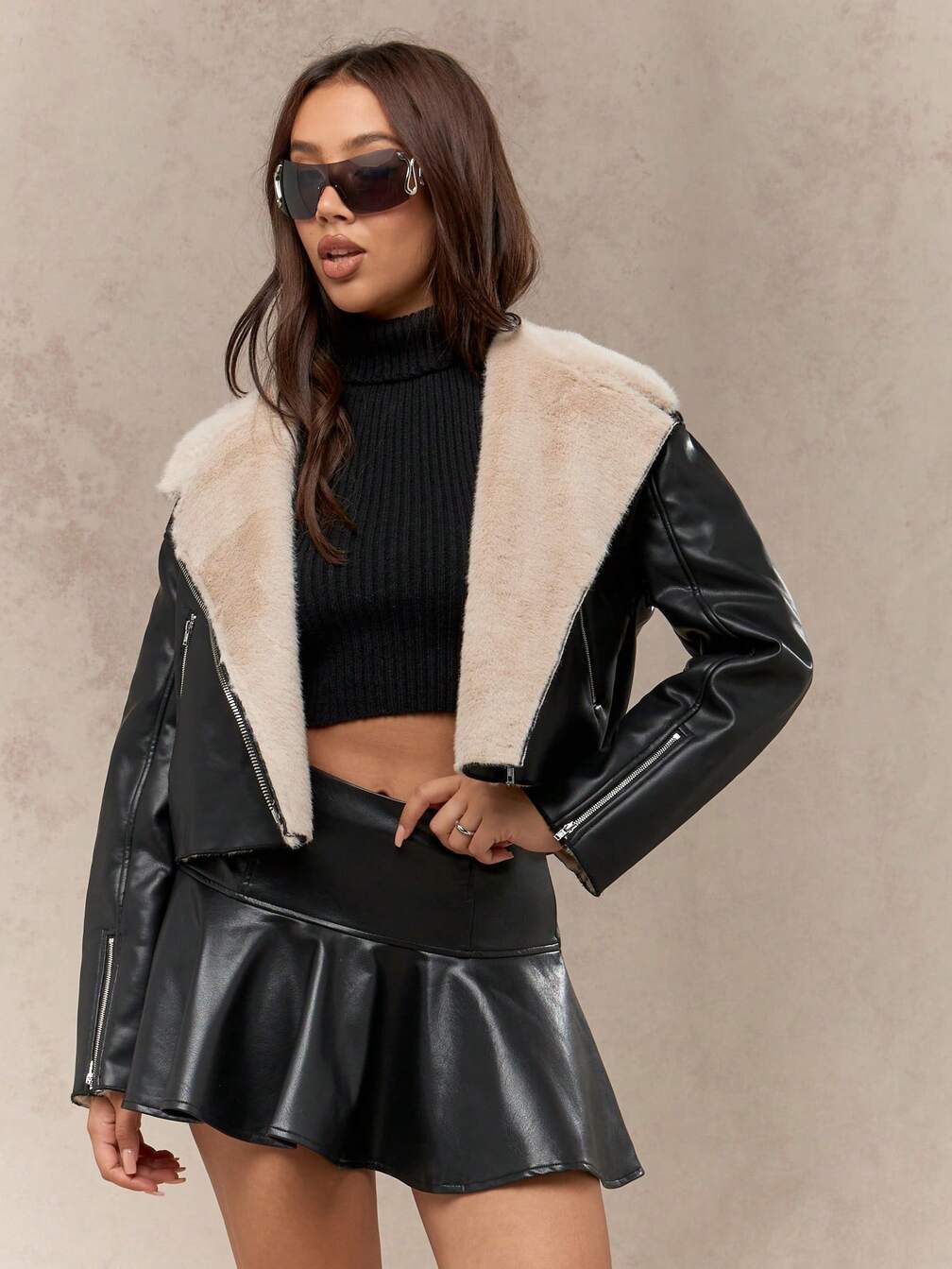 MISSGUIDED Faux Shearling Cropped Aviator Moto Asymmetrical Zip