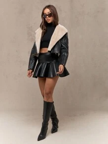 MISSGUIDED Faux Shearling Aviator Moto Jacket Cropped Length Biker Style Winter Outerwear Asymmetrical Zip Front Premium Quality Fall Fashion Statement Piece