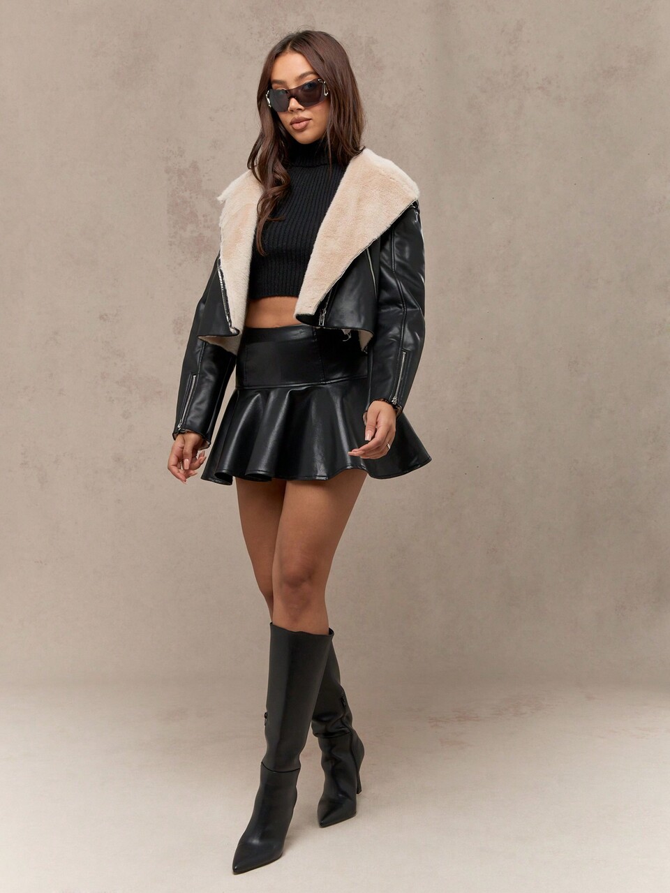 MISSGUIDED Faux Shearling Cropped Aviator Moto Asymmetrical Zip Jacket