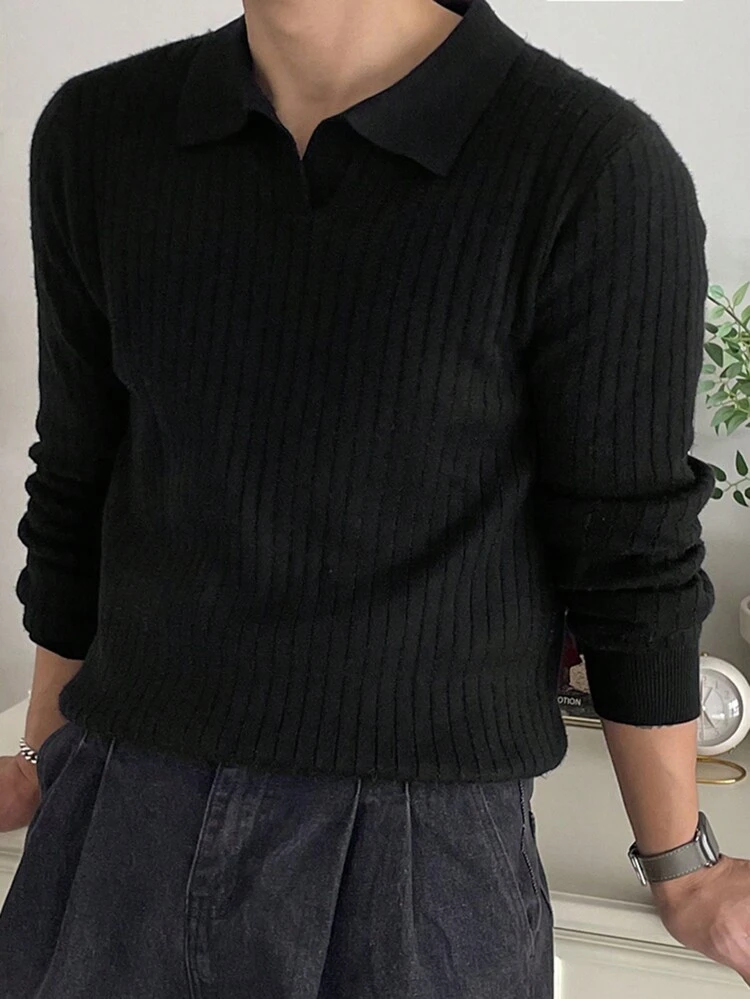 1pc Solid Color Ribbed Knit Thickened Long Sleeve Sweater For Men, Autumn Business Attire