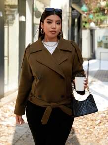 Flirla Damen Mode Große Größen Lässig einfarbig Kragen Schulterriemen Locker Taille Gürtel Doppelschnalle Kurze Jacke - Mokka-Braun - Übersicht 1