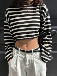 DAZY Autumn New Casual Striped Cropped Sweater For Women Turtleneck Women - Black - View 6