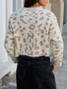 Aveloria 女士圆领长袖仿貂皮豹纹套头衫，日常休闲穿着 - 彩色 - 查看 2