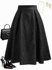 Celure Plus Size Fashion Jacquard Textured Flare Skirt Maxi - Black - View 1