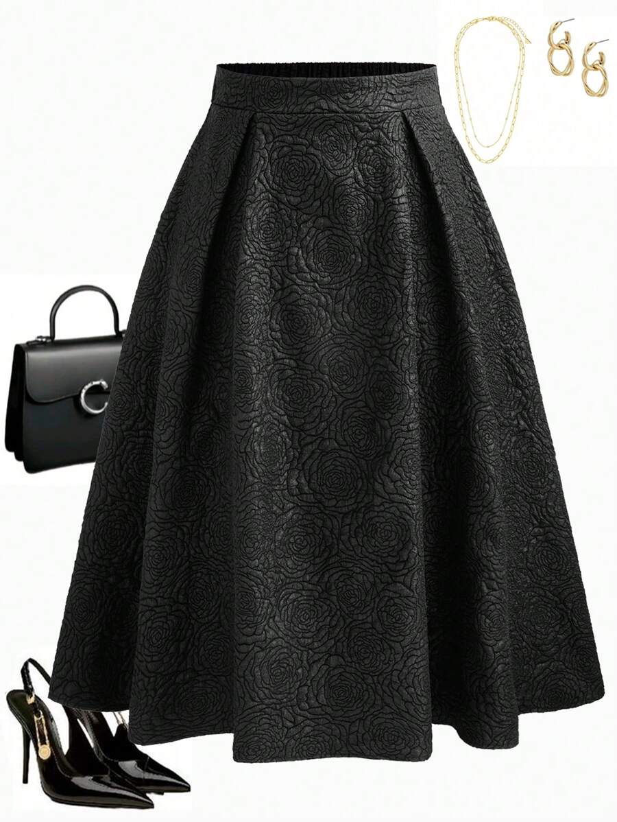 Celure Plus Size Fashion Jacquard Textured Flare Skirt Maxi - Black - View 1