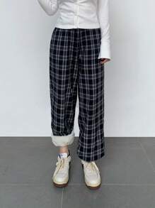 SHEIN BASICS 休闲编织格子高腰宽松女裤 - 黑與白 - 查看 4