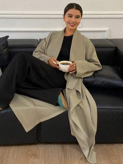 DAZY 1件装女士纯色宽松系带长袖风衣外套，秋季女装