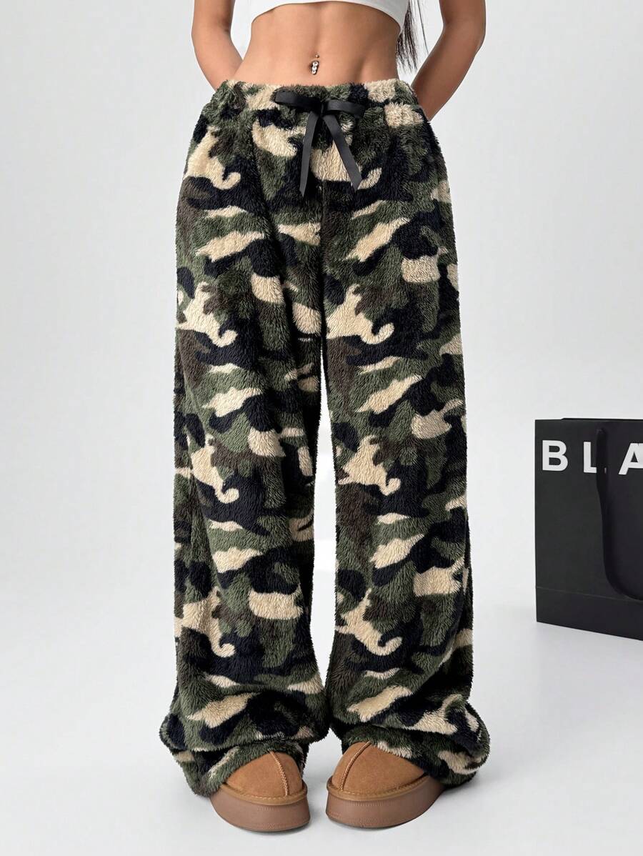 SHEIN EZwear Women Camouflage Fuzzy Relaxed Drawstring Pants - Multicolor - View 1