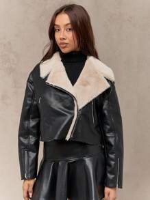 MISSGUIDED Faux Shearling Aviator Moto Jacket Cropped Length Biker Style Winter Outerwear Asymmetrical Zip Front Premium Quality Fall Fashion Statement Piece