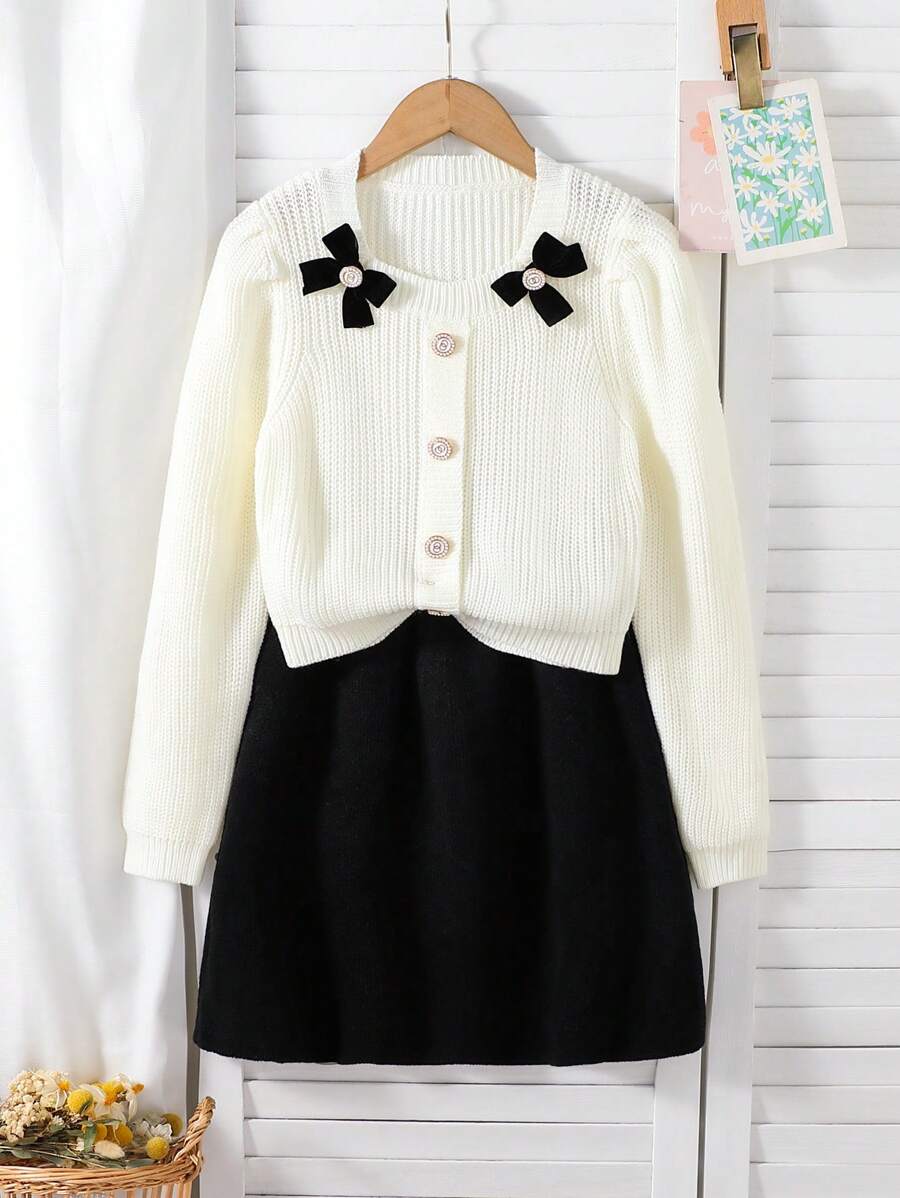 SHEIN Tween Girls Sweater Co-Ords With Elegant Pearl Buttons And 3D Bow Decor, Paired With Minimalist Solid A-Line Skirt, Suitable For Parties And Outings - Multicolor - View 1