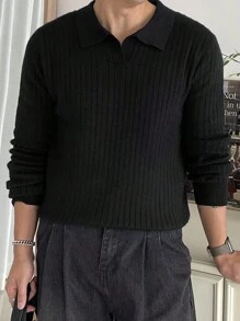 DAZY 1pc Solid Color Ribbed Knit Thickened Long Sleeve Sweater For Men, Autumn Buisness Attire - Black - View 7