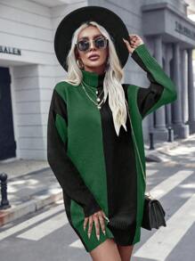 SHEIN Clasi Casual Minimalist Colorblock High Neck Sweater Dress, Autumn/Winter - Army Green - View 4