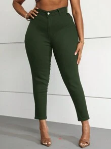 SHEIN Essnce Women's Casual Versatile Minimalist Solid Color Skinny Jeans - Army Green - View 7