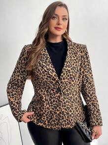 SHEIN Essnce Plus Size Women's Fall Women Dresses Formal Women Dresses Business Casual Women Elegant Women Dresses Business Casual Fashion Casual Commuting Elegant Leopard Print Long Sleeve Fitted Blazer