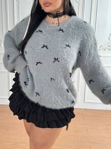 Flirla 加大码休闲圆领落肩仿貂毛蝴蝶结装饰针织毛衣，秋冬款 - 深灰色 - 查看 1
