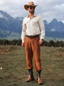 Manfinity Nomadique Men's Solid Color Plain Button-Front Long Sleeve Pocket Casual Collar Shirt, For Cowboy, Going Out