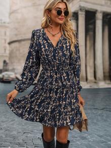 SHEIN LUNE Women's Ditsy Floral Lantern Sleeve Drawstring Waist Casual Dress, Suitable For Vacation Fall Cloth For Women