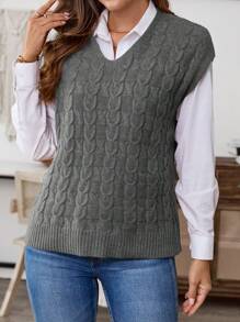 EMERY ROSE Women's V-Neck Solid Color Cable Knit Sweater Vest, Casual For Autumn/Winter