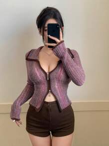 DAZY Women Casual Ombre Color Block Zip Up Fitted Cardigan For Autumn,Fall Women Clothes - Violet Purple - View 10
