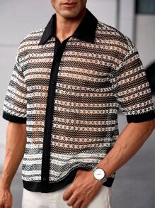 Manfinity Homme Men's Black & White Striped Print Short Sleeve Button-Up Textured Shirt