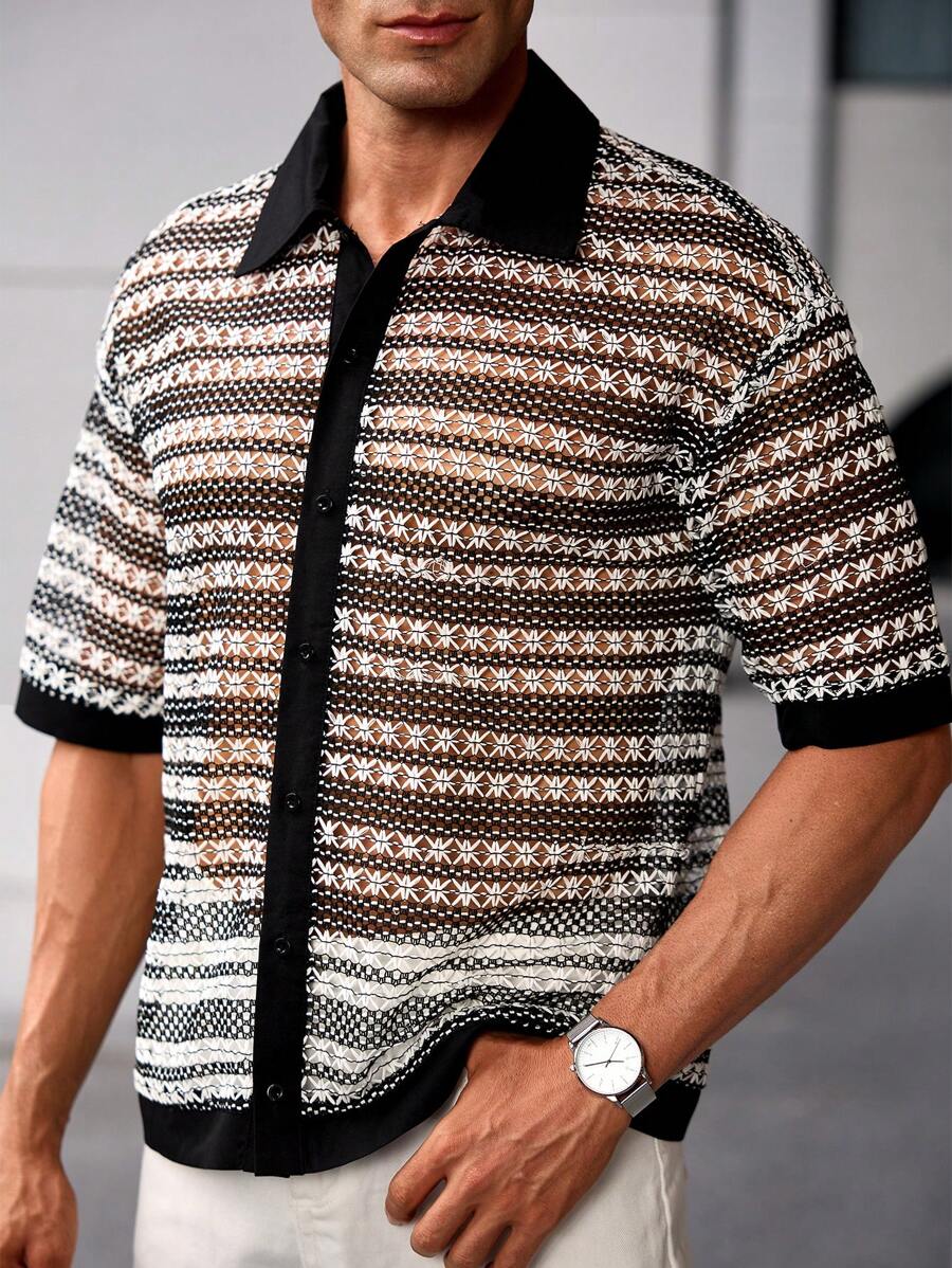 Manfinity Homme Men's Black & White Striped Print Short Sleeve Button-Up Textured Shirt