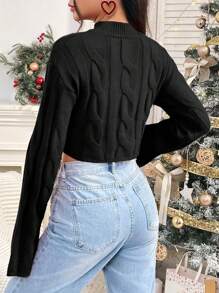 Lunelith SHEIN Lunessa Women's Solid Color Stand Collar Dropped Shoulder Long Sleeve Cropped Casual Pullover Sweater, Autumn/Winter