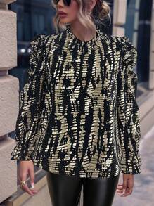 SHEIN Clasi 女式秋冬荷叶边领口和袖口渐变色印花宽松衬衫