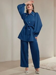 Modelyn Bộ 2 chiếc áo cánh và quần trang trí bằng đá Rhinestone màu trơn cho nữ, thanh lịch - Màu xanh lam - Xem 7