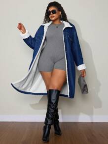 大码女式冬季加厚抓绒长款牛仔外套，圣诞节感恩节秋冬季 - 中等水洗藍 - 查看 7