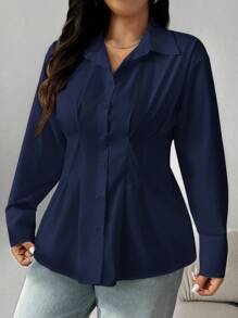 SHEIN EZwear 大码纯色褶腰休闲衬衫，秋季 - 藍色 - 查看 4