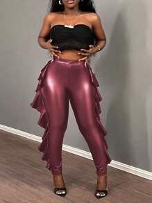 Slaydiva Pantalones plisados con volantes y acabado metálico de unicolor minimalista para mujeres