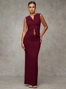 SHEIN BAE 1set Ladies Casual Sleeveless Long Skirt Set, For Autumn/Winter - Burgundy - View 6