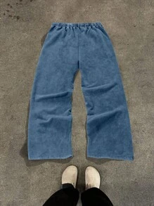 Manfinity Streetrush Cotton Men's Plain Color Patchwork Front Drawstring Pocket Casual Sweatpants,Manfinity EMRG Men's Drawstring Waist Printed Wide Leg Fashion Sweatpants,Zipper Design